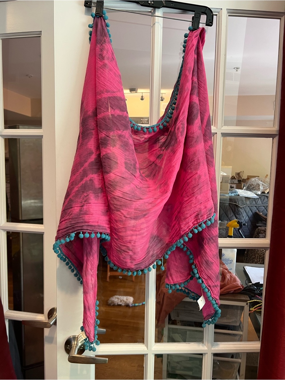NATURAL LIFE Pink and Teal Pom Pom Wrap Scarf